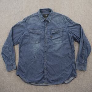 G Star Raw Shirt Mens 2XL XXL Blue Button Up Distressed Long Sleeve Streetwear
